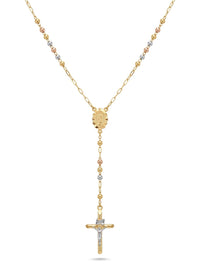 Rosario de oro 14k tres colores de bola lisa en cadena delgada para caballero Mod 6080 - 65 cm x 2 mm