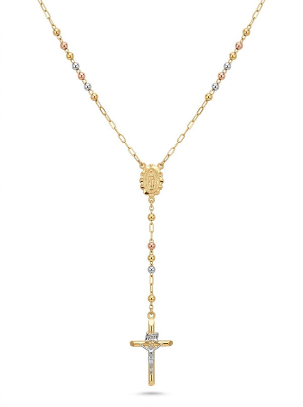 Rosario de oro 14k tres colores de bola lisa en cadena delgada para caballero Mod 6080 - 65 cm x 2 mm