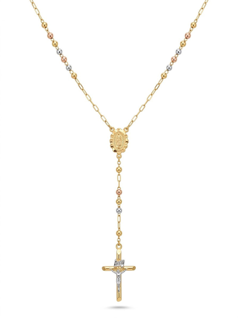 Rosario de oro 14k tres colores de bola lisa en cadena delgada para caballero Mod 6080 - 65 cm x 2 mm