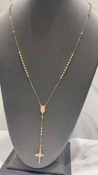 Rosario de oro 14k tres colores de bola lisa en cadena delgada para caballero Mod 6080 - 65 cm x 2 mm