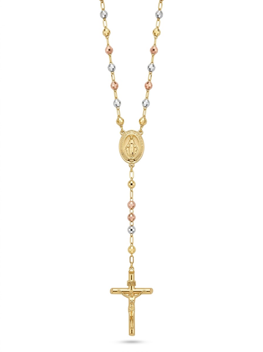 Rosario de oro 14k tres colores de bola facetada para dama Mod 6081 - 50 cm x 3 mm