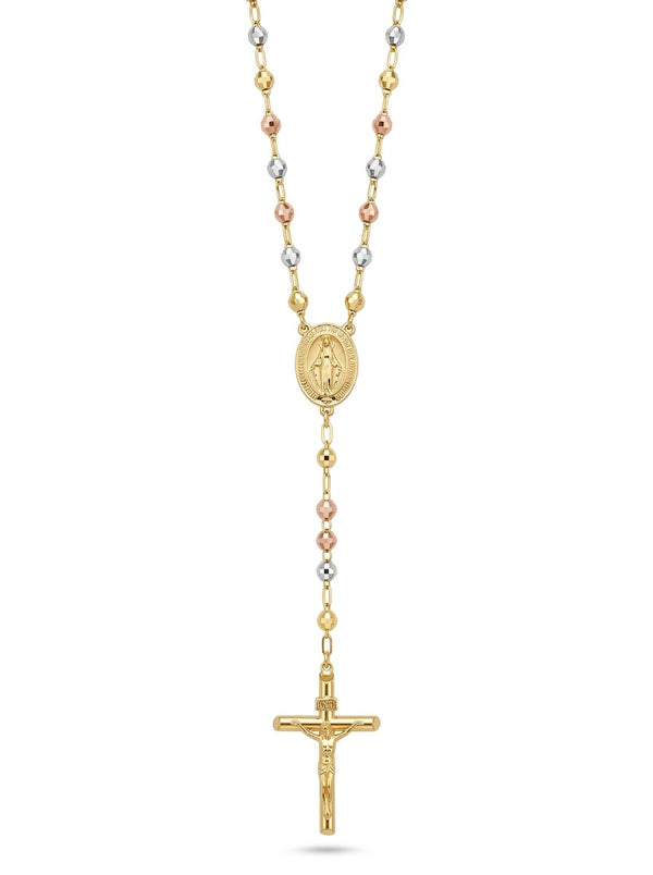Rosario de oro 14k tres colores de bola facetada para dama Mod 6081 - 50 cm x 3 mm