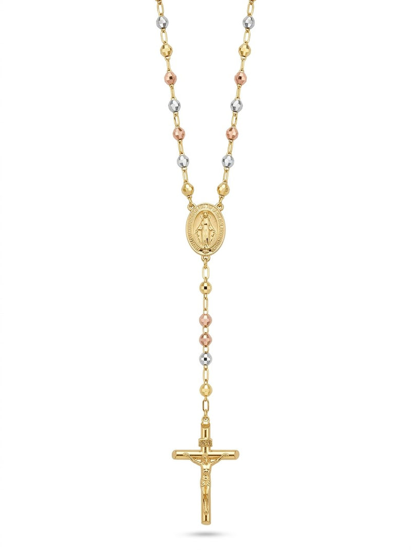 Rosario de oro 14k tres colores de bola facetada para dama Mod 6081 - 50 cm x 3 mm