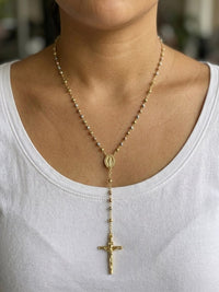 Rosario de oro 14k tres colores de bola facetada para dama Mod 6081 - 50 cm x 3 mm