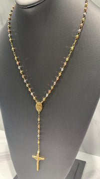 Rosario de oro 14k tres colores de bola facetada para dama Mod 6081 - 50 cm x 3 mm