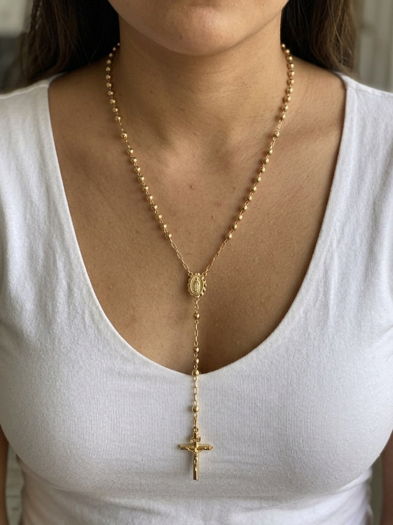 Rosario de oro 14k amarillo de bola lisa para dama Mod 6086 - 50 cm x 3 mm
