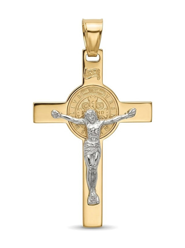 Dije de oro 10k de cruz de San Benito mediana con Cristo en oro blanco Mod 6094 - 4 cm