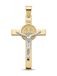 Dije de oro 10k de cruz de San Benito chica con Cristo en oro blanco Mod 6095 - 3 cm