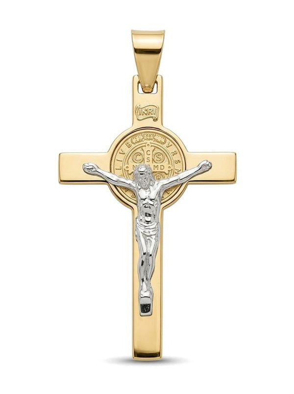 Dije de oro 10k de cruz de San Benito chica con Cristo en oro blanco Mod 6095 - 3 cm