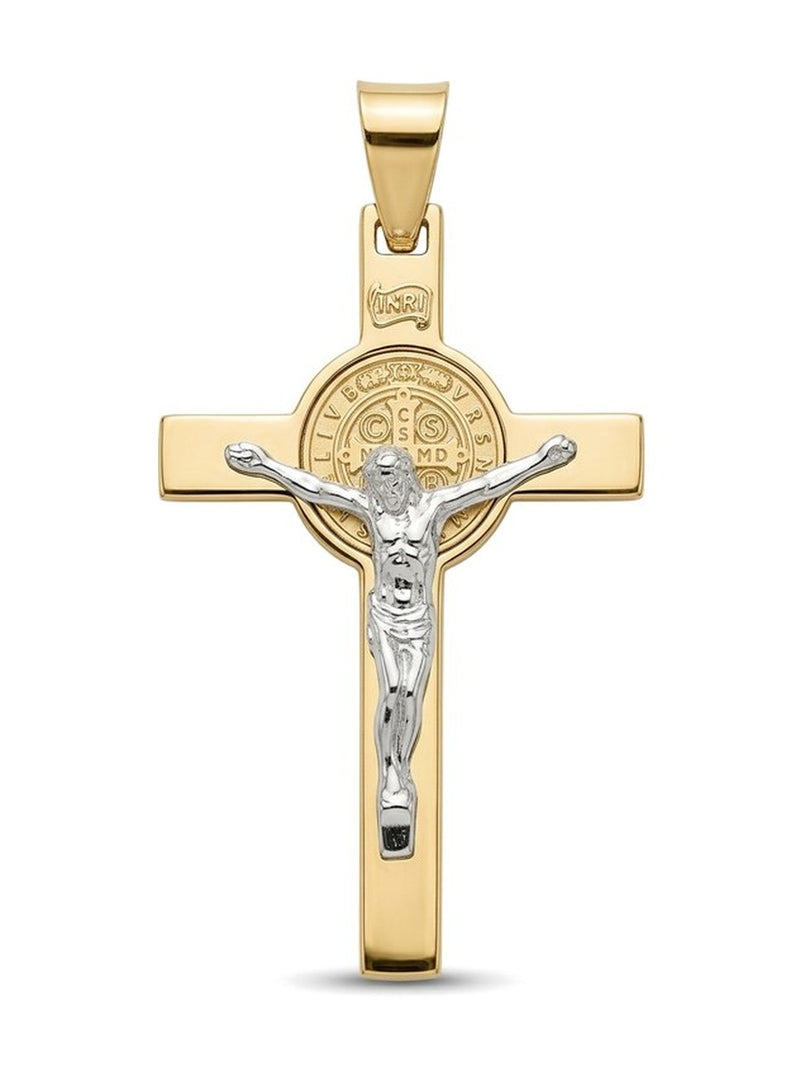Dije de oro 10k de cruz de San Benito chica con Cristo en oro blanco Mod 6095 - 3 cm