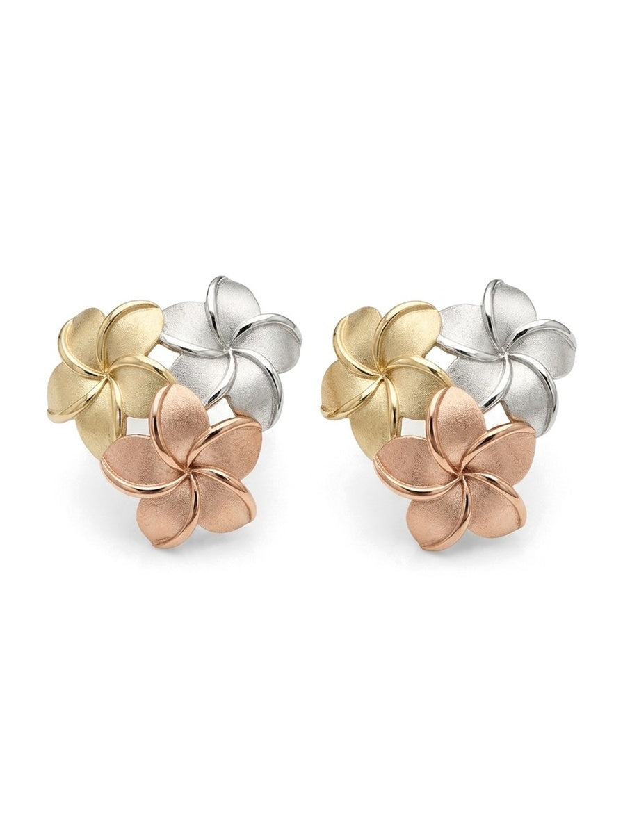 Aretes de oro 10k de flor del pensamiento con tres flores en tres tonos Mod 6096