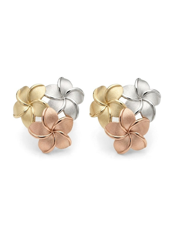 Aretes de oro 10k de flor del pensamiento con tres flores en tres tonos Mod 6096