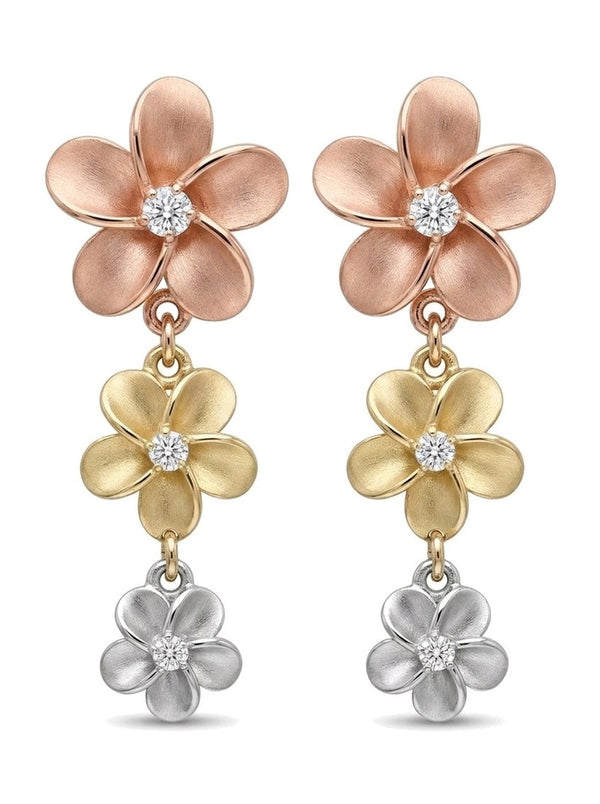 Aretes de oro 10k colgantes de flor del pensamiento con tres flores y circonias Mod 6097