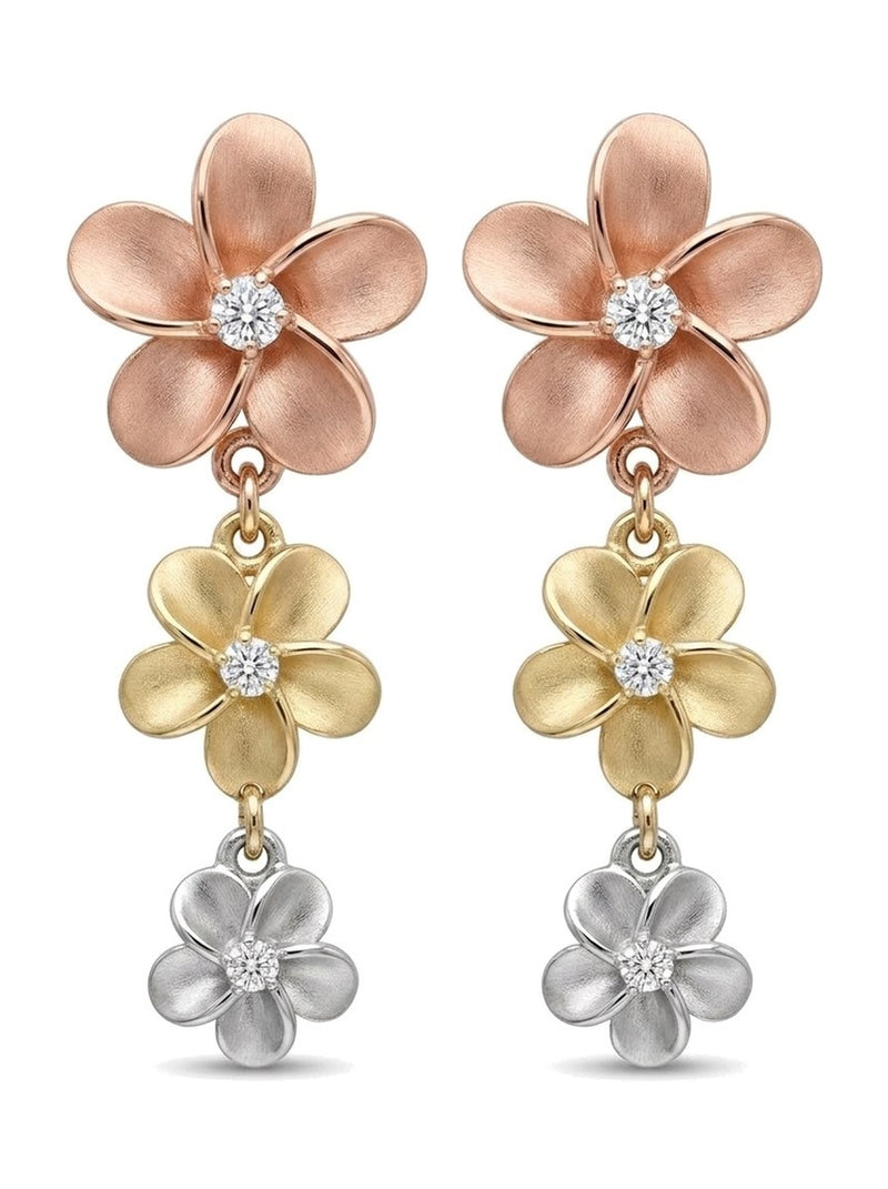 Aretes de oro 10k colgantes de flor del pensamiento con tres flores y circonias Mod 6097