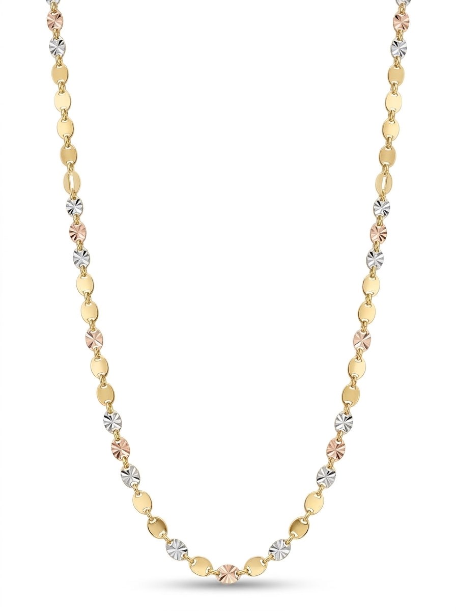 Cadena de oro 14k tejido Valentino semilla con estrella diamantada en tres tonos Mod 6105 - 2 mm