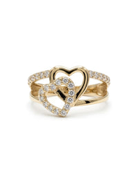 Anillo de oro 14k con corazones entrelazados y circonias Mod 6106