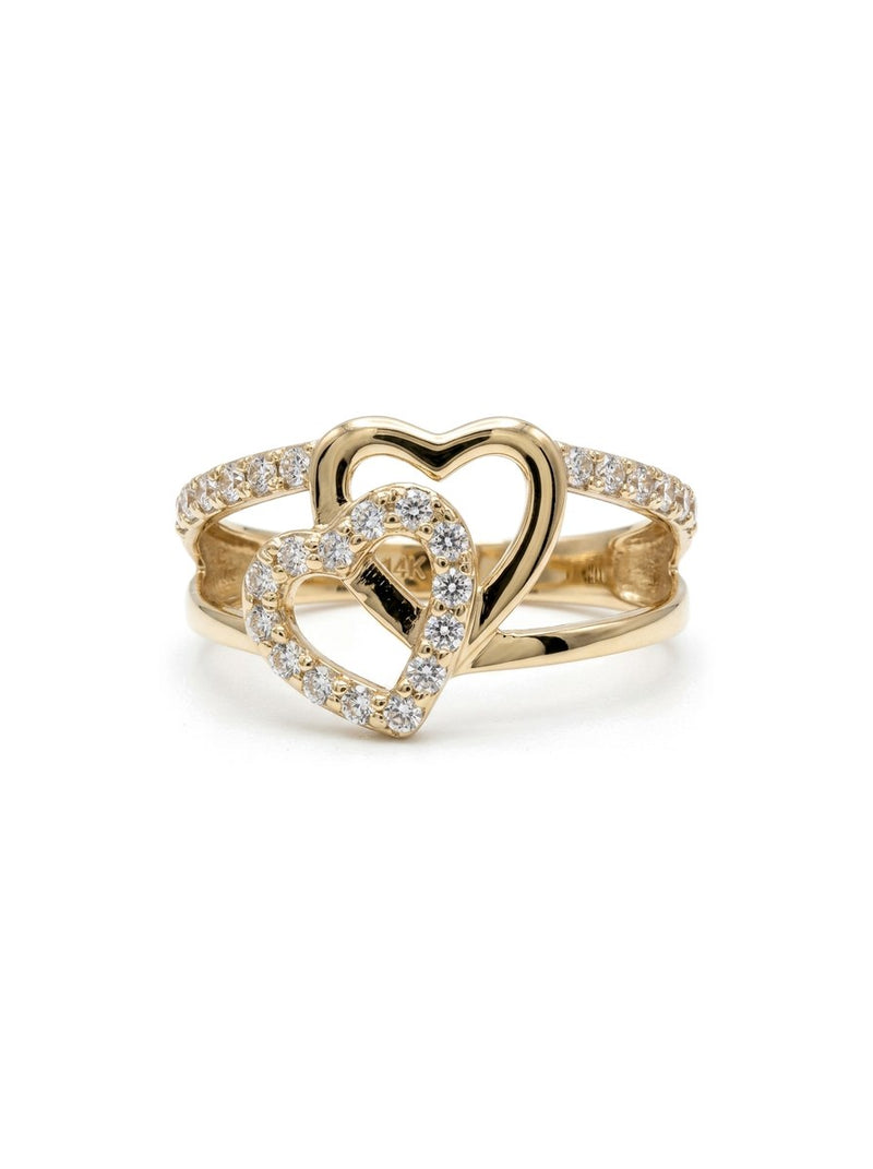 Anillo de oro 14k con corazones entrelazados y circonias Mod 6106