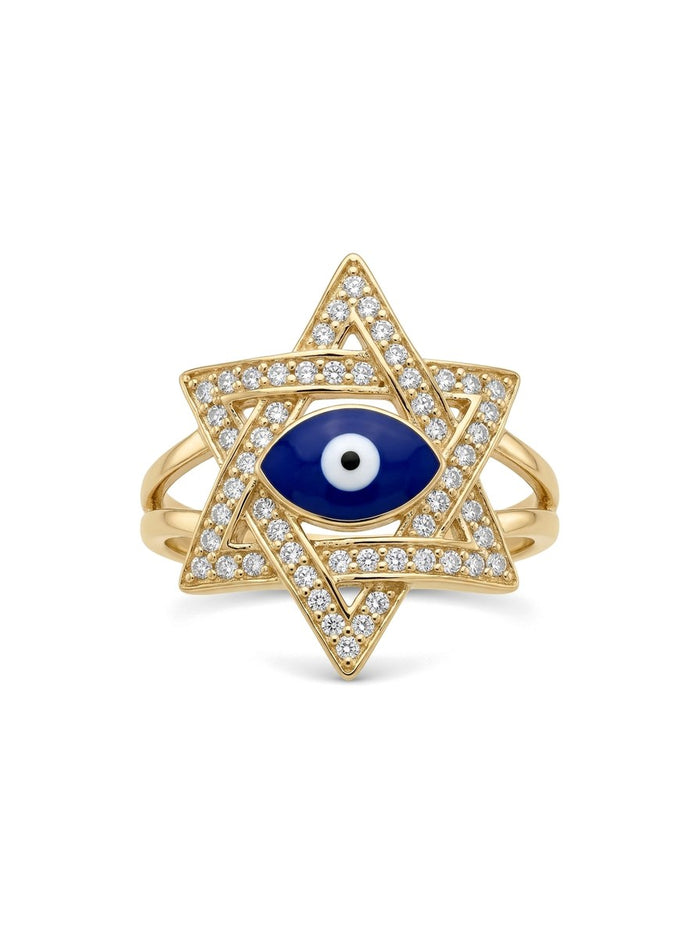 Anillo de oro 14k estrella de David con circonias y ojo turco Mod 6109