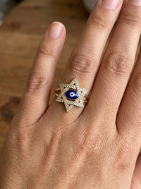 Anillo de oro 14k estrella de David con circonias y ojo turco Mod 6109