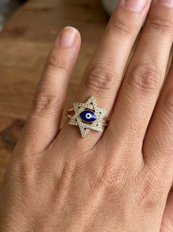 Anillo de oro 14k estrella de David con circonias y ojo turco Mod 6109