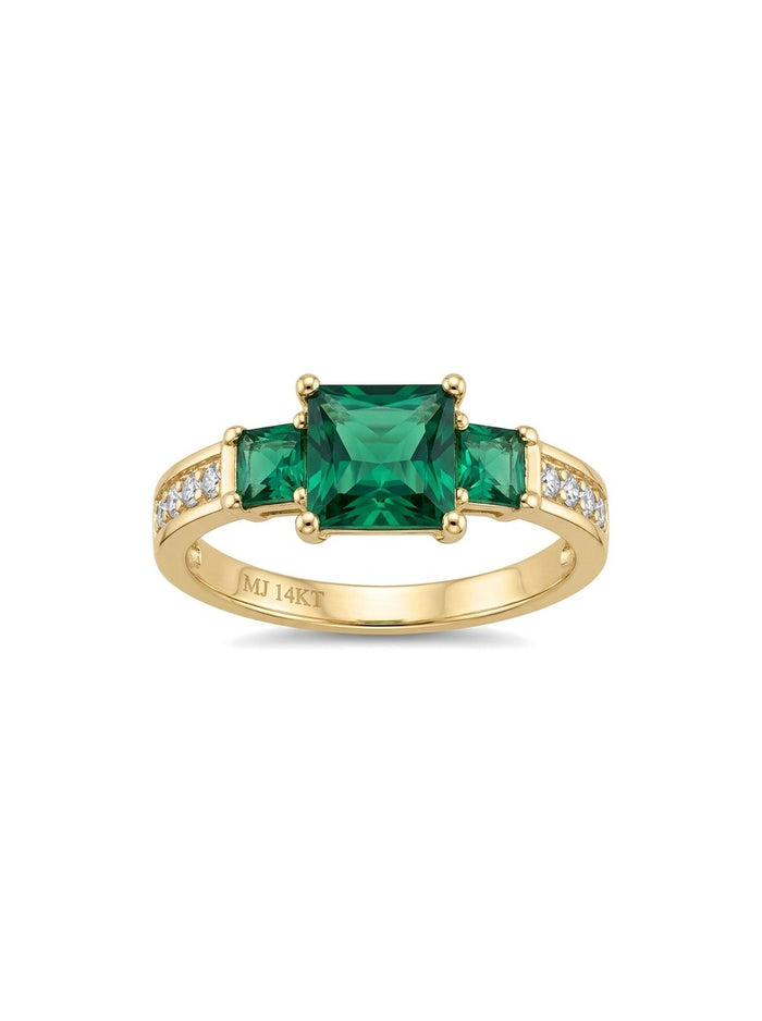 Anillo de oro 14k solitario con circonias verde esmeralda Mod 6111