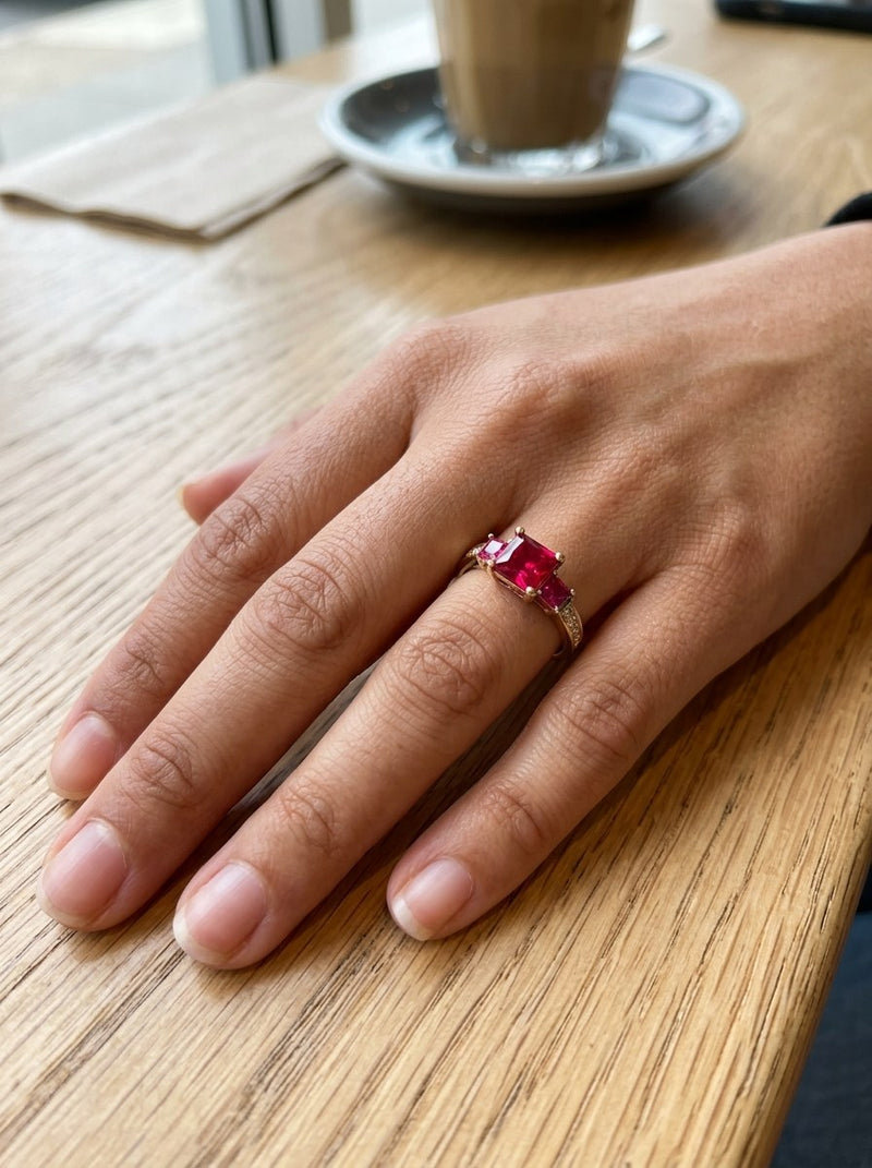 Anillo de oro 14k solitario con circonias rojas Mod 6112