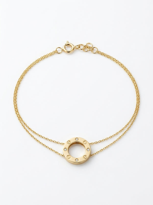 Pulsera de oro 14k tipo diseñador con círculo grande de tornillos y circonias Mod 6113 - 18 cm