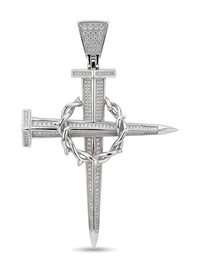 Dije de oro blanco 10k de cruz de clavos con corona de espinas y circonias Mod 6118 - 9 cm