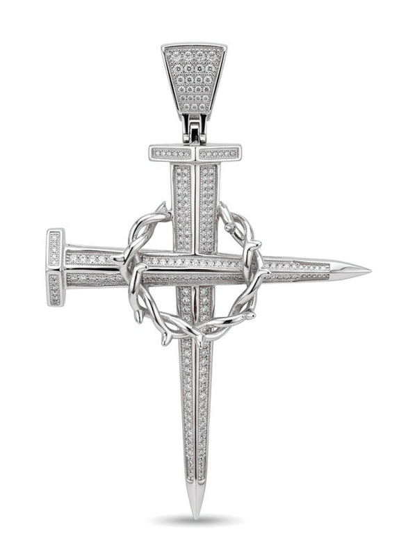 Dije de oro blanco 10k de cruz de clavos con corona de espinas y circonias Mod 6118 - 9 cm