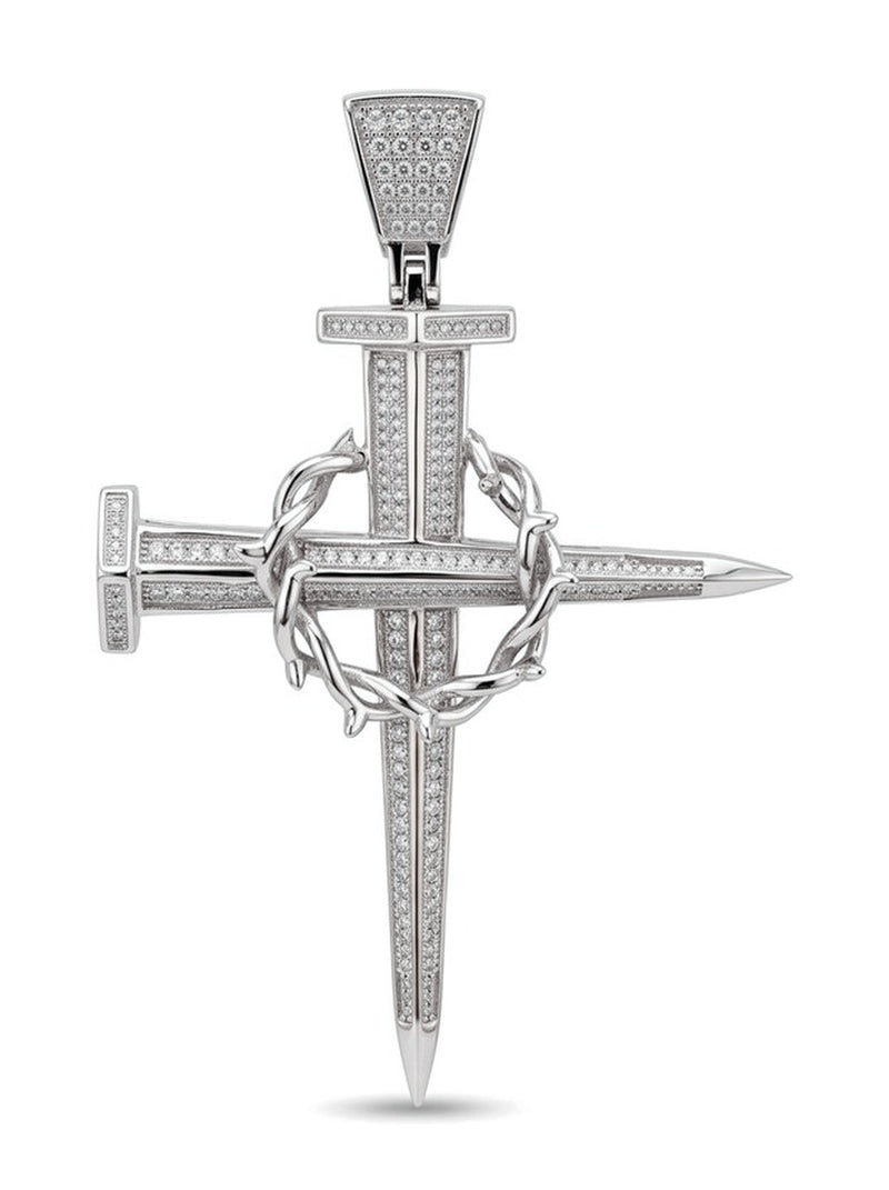 Dije de oro blanco 10k de cruz de clavos con corona de espinas y circonias Mod 6118 - 9 cm