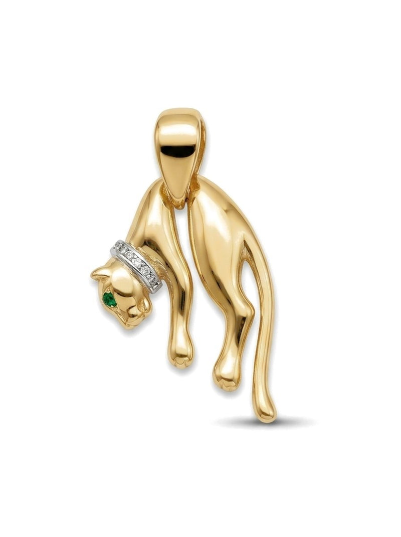 Dije de oro 14k tipo diseñador de pantera con piedra verde y piedras blancas Mod 6145