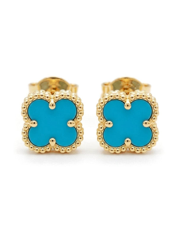 Aretes de oro 14k tipo diseñador de trébol con piedra color turquesa Mod 6146