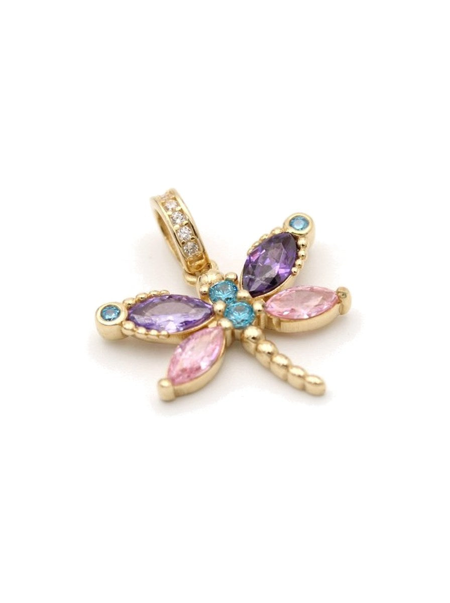 Dije de oro 10k de libélula con piedras moradas, rosas y azules Mod 6149 - 1.5 cm