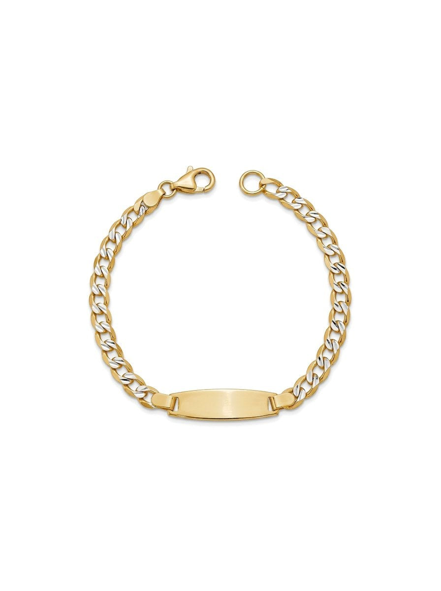 Esclava kids de oro bicolor 14k tejido barbado diamantado con placa ovalada Mod 6172 - 12/14 cm