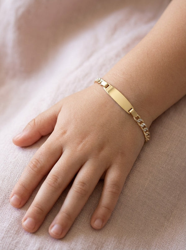 Esclava kids de oro bicolor 14k tejido barbado diamantado con placa ovalada Mod 6172 - 12/14 cm
