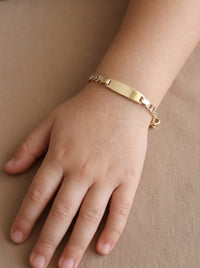 Esclava kids de oro bicolor 14k tejido barbado diamantado con placa ovalada Mod 6173 - 14/16 cm