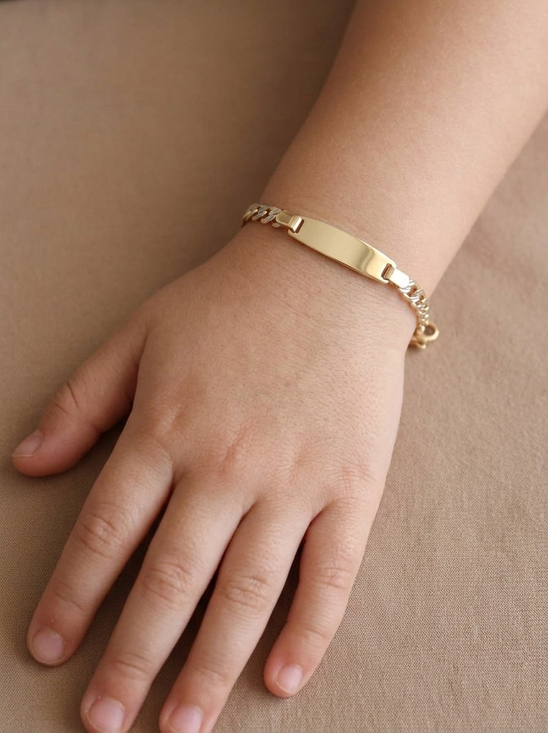 Esclava kids de oro bicolor 14k tejido barbado diamantado con placa ovalada Mod 6173 - 14/16 cm