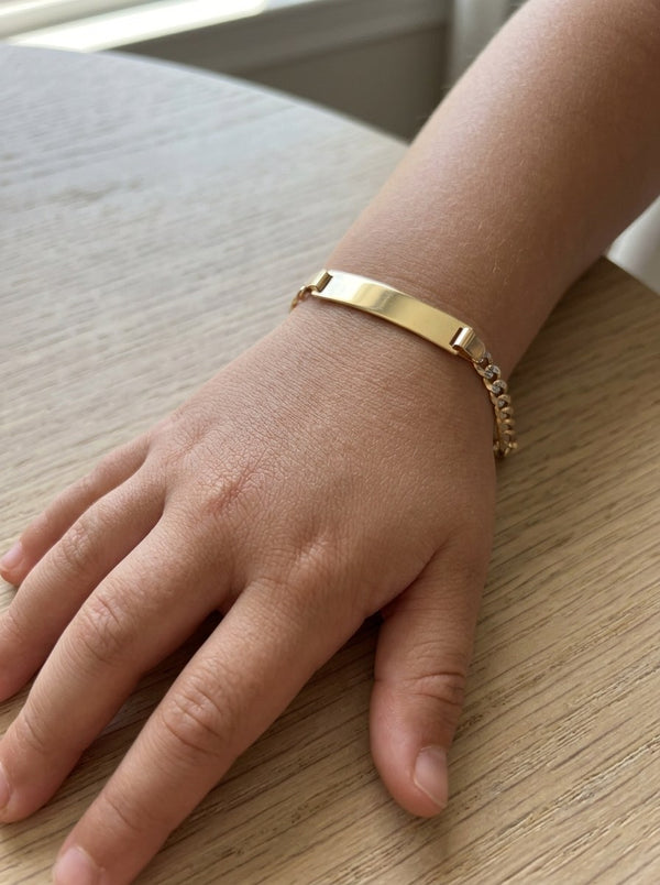 Esclava kids de oro bicolor 14k tejido barbado diamantado con placa rectangular Mod 6174 - 14/16 cm