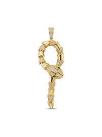 Dije de oro 14k tipo diseñador de serpiente articulada con piedras blancas y ojos verdes Mod 6180 - 7 cm