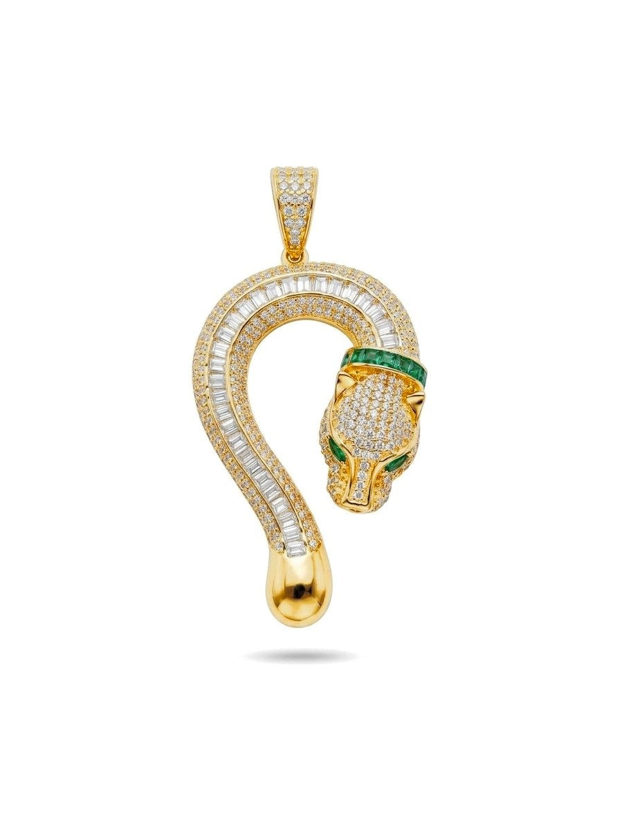 Dije de oro 14k tipo diseñador de pantera con piedras baguette y collar de piedras verdes Mod 6182