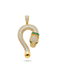 Dije de oro 14k tipo diseñador de pantera con piedras baguette y collar de piedras verdes Mod 6182