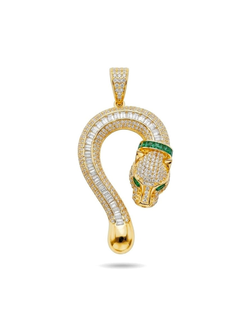 Dije de oro 14k tipo diseñador de pantera con piedras baguette y collar de piedras verdes Mod 6182