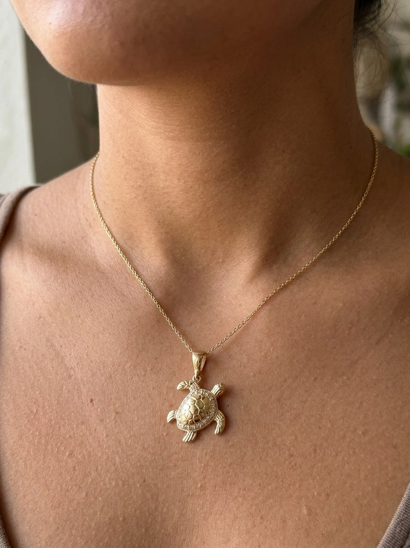 Dije de oro 14k de tortuga con piedras blancas Mod 6188 - 1.5 cm