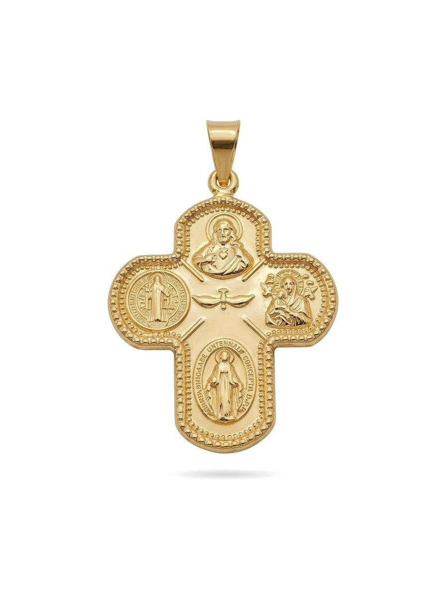Dije de oro 14k de cruz de cuatro medallas con borde de bolitas Mod 6190 - 3 cm