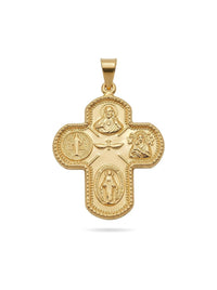 Dije de oro 14k de cruz de cuatro medallas con borde de bolitas Mod 6190 - 3 cm