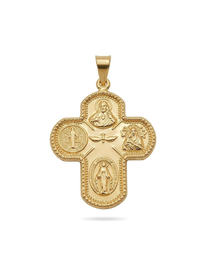 Dije de oro 14k de cruz de cuatro medallas con borde de bolitas Mod 6190 - 3 cm