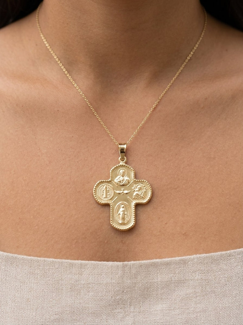 Dije de oro 14k de cruz de cuatro medallas con borde de bolitas Mod 6190 - 3 cm