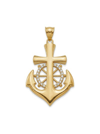 Dije de oro 14k de ancla con cruz y timón con piedras blancas Mod 6193 - 4 cm