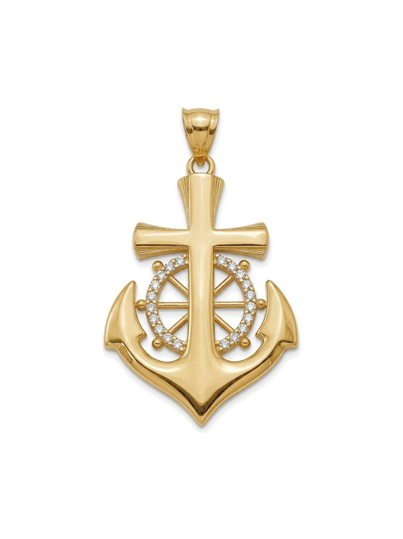 Dije de oro 14k de ancla con cruz y timón con piedras blancas Mod 6193 - 4 cm
