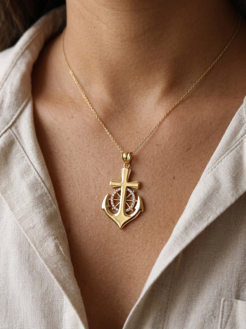 Dije de oro 14k de ancla con cruz y timón con piedras blancas Mod 6193 - 4 cm